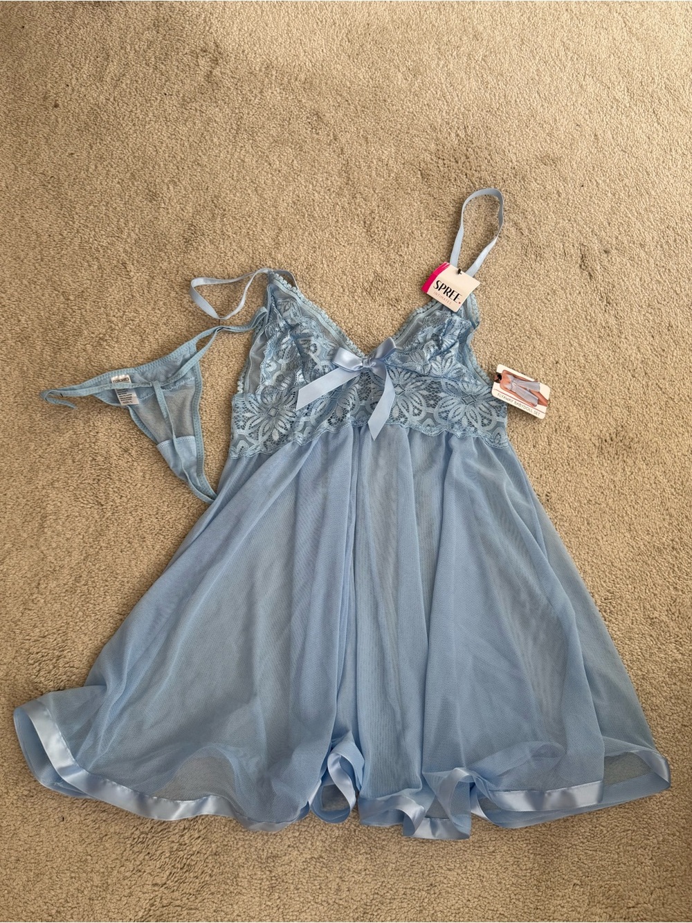 NWT Spree Intimates Light Blue 2 piece Lace Trim Babydoll Set Large